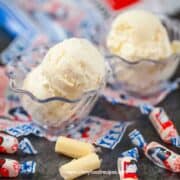 White Rabbit candy ice cream in the cups with unwrapped candies in the background