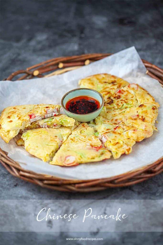 Chinese pancake cut up in the tray with chili oil sauce
