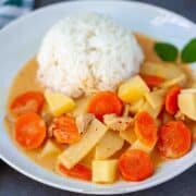 red thai chicken curry with rice close up