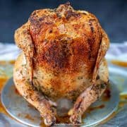 roasted or baked whole chicken on a stand (beer can style chicken)