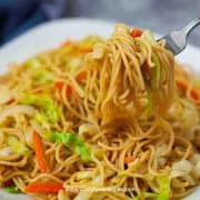 vegetable chow mein on the silver fork