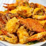 blue crab stir fry with ginger green onion on the white plate