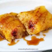 drizzling syrup on top of the kansui zong or sweet zongzi or alkaline rice dumpling