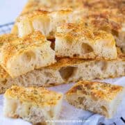 focaccia bread cut up and close up