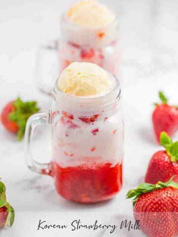 Korean strawberry milk drinks in the glass jar