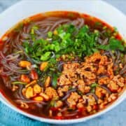 hot and sour noodle soup or suan la fen in the bowl