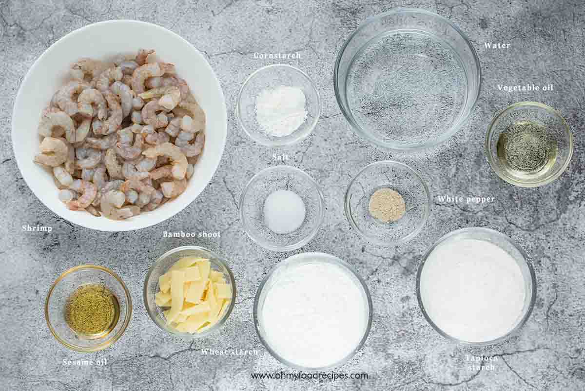 har gow or har gau shrimp dumplings ingredients top view