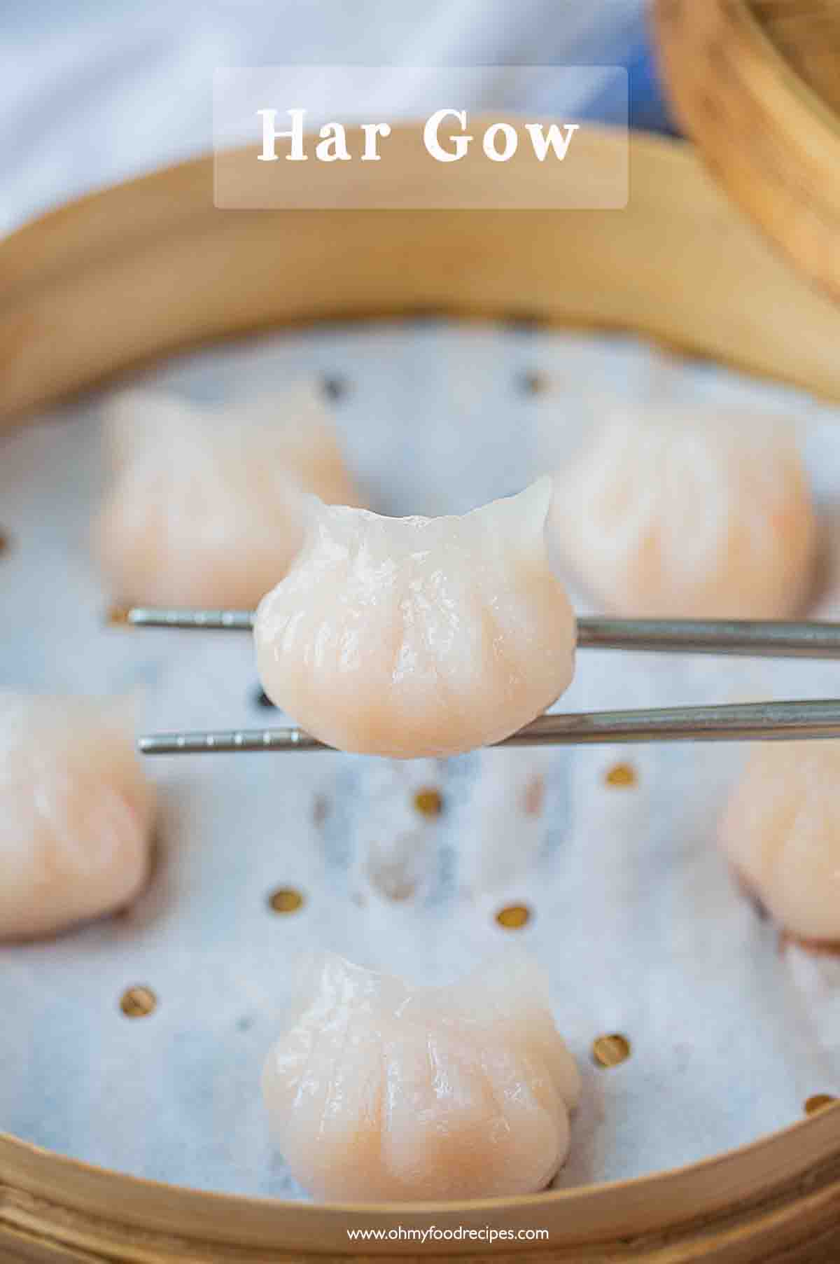 har gow or har gau shrimp dumpling on the chopsticks