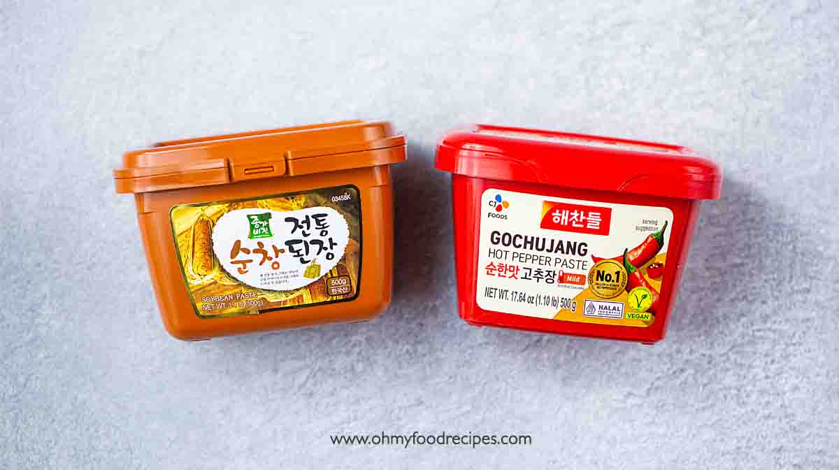 doenjang Korean soybean paste and gochujang Korean chili paste in a box
