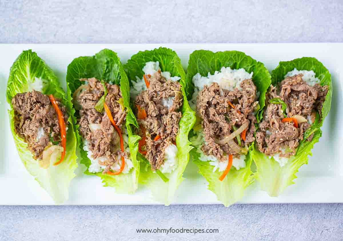 lettuce wrap with Korean bulgogi beef and rice top view