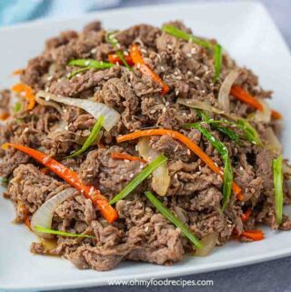 Korean bulgogi beef on the white plate horizontal