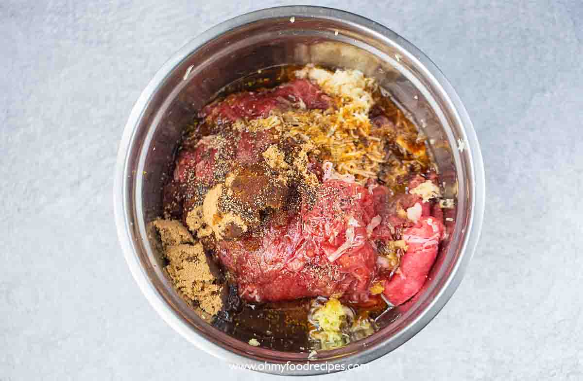 Korean bulgogi seasoning beef in the bowl top view