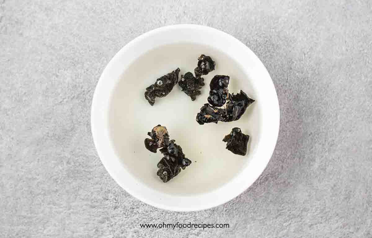 soaking wood ear mushrooms in the bowl top view